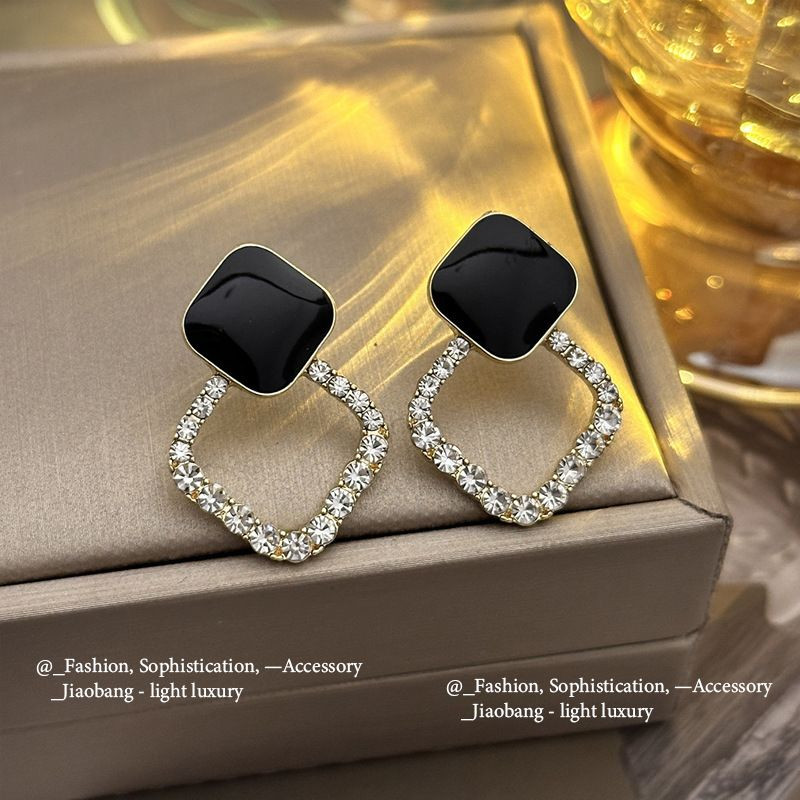 Elegant Black Enamel Square Pearl Drop Earrings for Women, 4Pcs Princess Cut Cubic Zirconia Sparkling Dangle Earrings, Luxury Vintage Formal Wedding Party Jewelry Gift