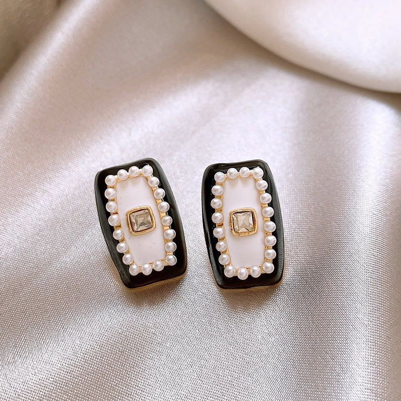 Elegant Black Enamel Square Pearl Drop Earrings for Women, 4Pcs Princess Cut Cubic Zirconia Sparkling Dangle Earrings, Luxury Vintage Formal Wedding Party Jewelry Gift
