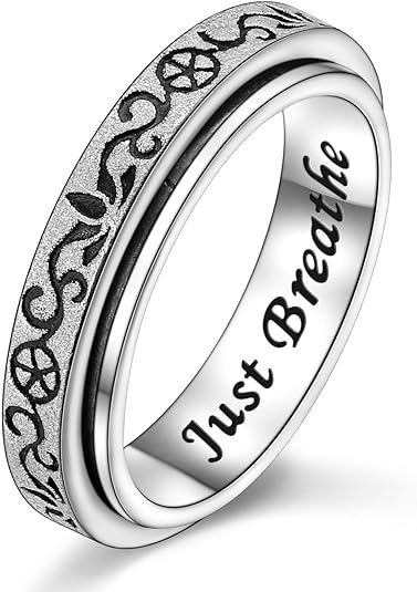 Fidget Spinner Ring S925 Sterling Silver Lotus Just Breathe Inspirational Hope Rings Anxiety Stress Relieving Boredom ADHD Autism Rings Thumb Rotating for Women Men