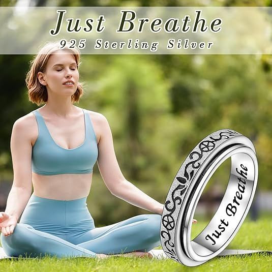 Fidget Spinner Ring S925 Sterling Silver Lotus Just Breathe Inspirational Hope Rings Anxiety Stress Relieving Boredom ADHD Autism Rings Thumb Rotating for Women Men