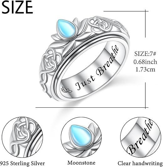 925 Sterling Silver Butterfly Lotus Moonstone Spinning Ring for Anxiety Stress Relief Fidget Ring Birthday Gift for Women