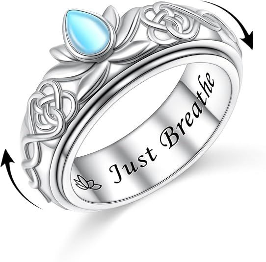 925 Sterling Silver Butterfly Lotus Moonstone Spinning Ring for Anxiety Stress Relief Fidget Ring Birthday Gift for Women