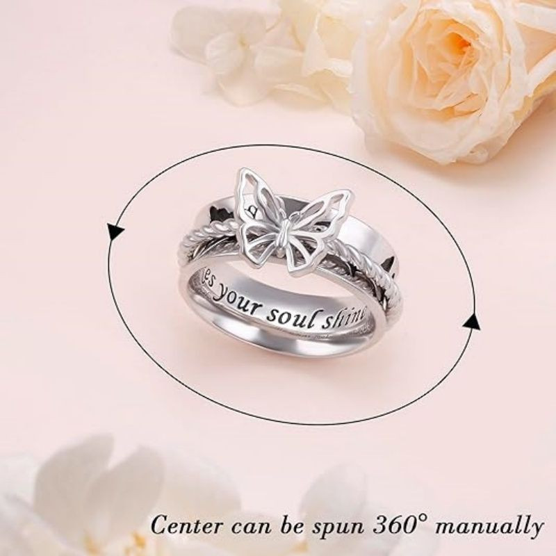 925 Sterling Silver Butterfly Lotus Moonstone Spinning Ring for Anxiety Stress Relief Fidget Ring Birthday Gift for Women