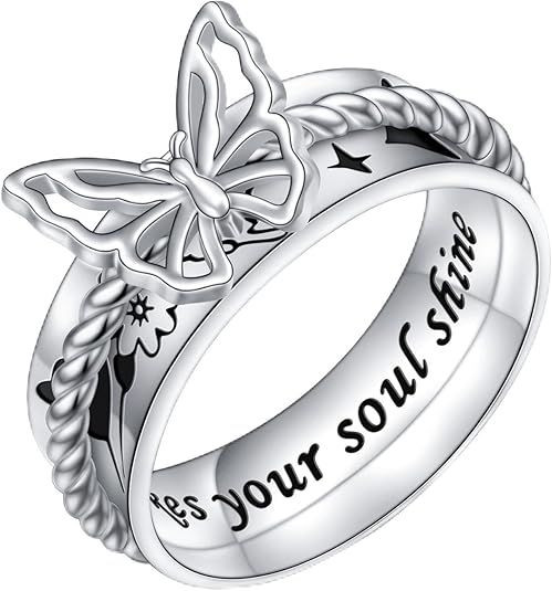 925 Sterling Silver Butterfly Lotus Moonstone Spinning Ring for Anxiety Stress Relief Fidget Ring Birthday Gift for Women