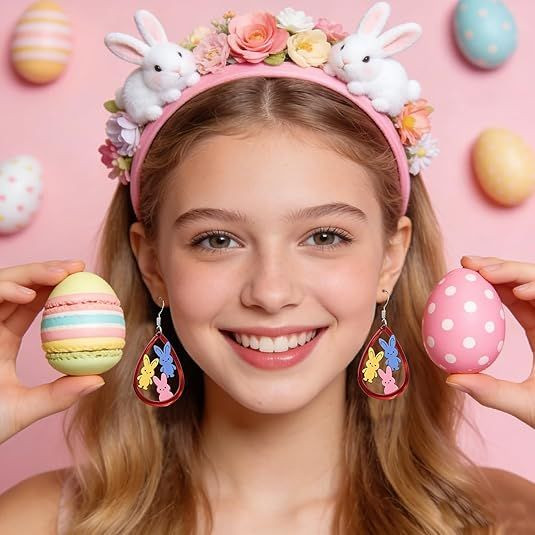 Easter Bunny Dangle Earrings for Women - Cute Acrylic Rabbit Charms Jewelry, Hypoallergenic Stainless Steel Hooks, Colorful Bunny Drop Earrings for Easter Spring Holiday Gifts