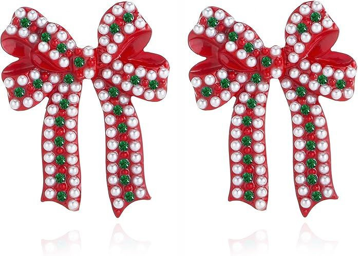 Merry Christmas Earrings Rhinestone Statement Earrings Xmas Tree Bow Bulbs Cane Reindeer Santa Snowman Gingerbread Beaded Drop Dangle Earrings for Women Holiday Festival Jewelry Gift
