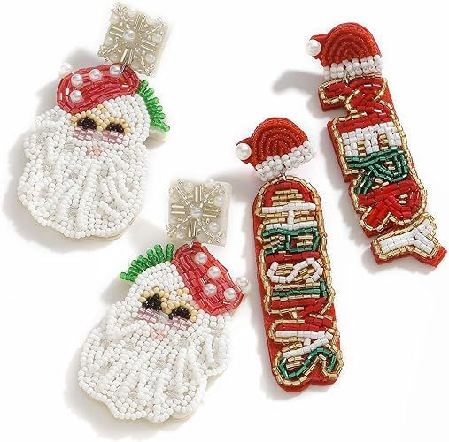 2 Pairs of Beaded Merry Christmas Santa Claus Earrings Set, Red Beaded Christmas Letter Earrings, Cute Xmas Santa Dangle Earrings for Women Holiday Jewelry Gift