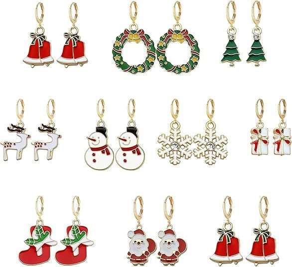 10 Pairs Christmas Hoop Huggie Earrings for Women Christmas Stud Earrings Christmas Trees Bells Snowflakes Earrings Jewelry