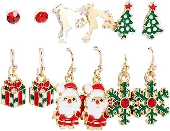6 Pair Christmas Earrings for Women Funny Holiday Xmas Stud Earrings Bow Bell Candy Reindeer Snowflake Santa Claus Tree Enamel Drop Dangle Earrings for Christmas Gifts
