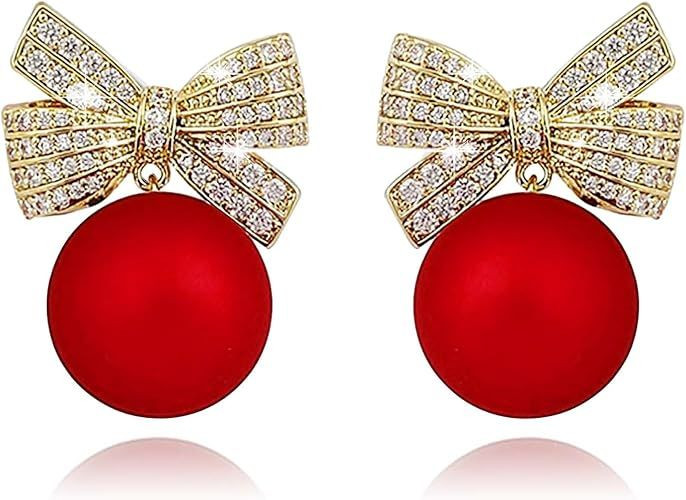 Pearl Bow Christmas Earrings for Women | Trendy Cute Sparkle Rhinestone Ribbon Dangle Christmas Earring, Holiday Gifts for Women | Christmas Decorations