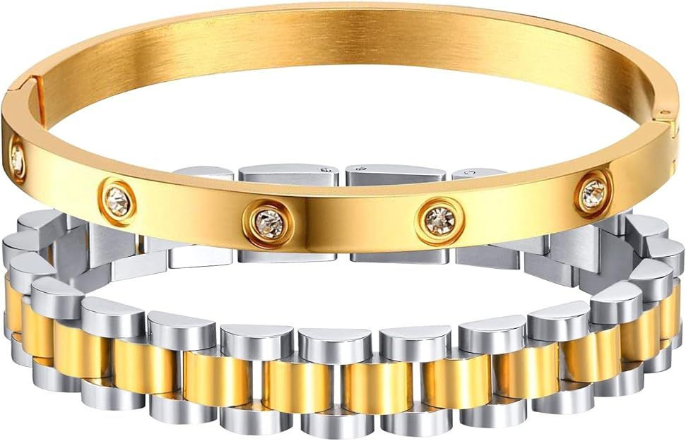 2pcs 18K Gold Plated Chain Link Bracelet, Stainless Steel Crystal Friendship Bracelets Bangle ,Watch Band Chains Wristband Jewelry with Adjust Tool