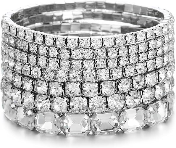 7 PCS Crystal Stretch Bracelets for Women, Bridal Wedding Stackable Layered Rhinestone Bracelets Set Evening Party Jewelry