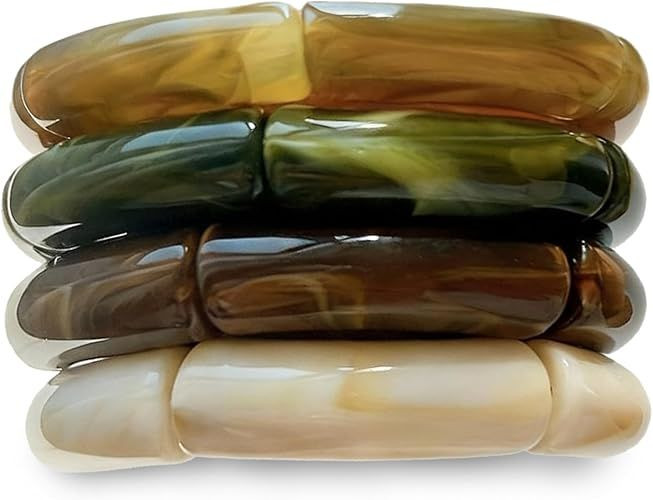 6pcs Chunky Acrylic Bangle Bracelets for Women, Resin Bamboo Brown Stretchy Bracelet Stack, Fashion Jewelry for Women