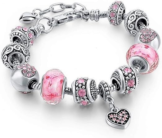 Pink Hearts Silver Plated Charm Bracelet Set, Jewelry Gifts with Beads, Charms, and Adjustable Snake Chain, Fits 7.5"+1.5"
