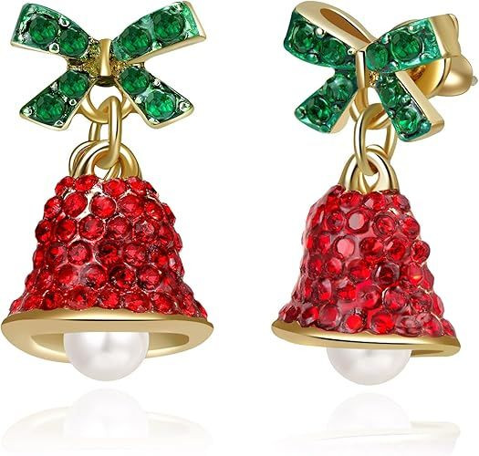 Red Crystal Bell Christmas Hat Earrings for Women, Santa Claus & Christmas Tree Dangle Drop Earrings with Sparkling Rhinestones