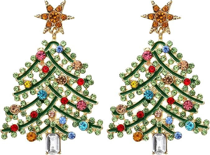 Rhinestone Christmas Earrings for Women Sparkling Christmas Tree Santa Claus Gingerbread Light Dangle Earrings Xmas Holiday Gifts