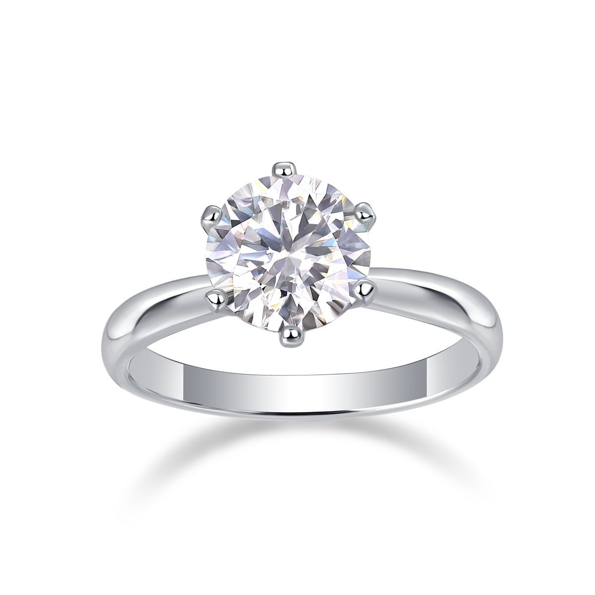 Classic 6-Prong Round Moissanite Solitaire Ring, 1-5 Carat D Color VVS1 S925 Silver Platinum Plated with GRA, US 5-9.