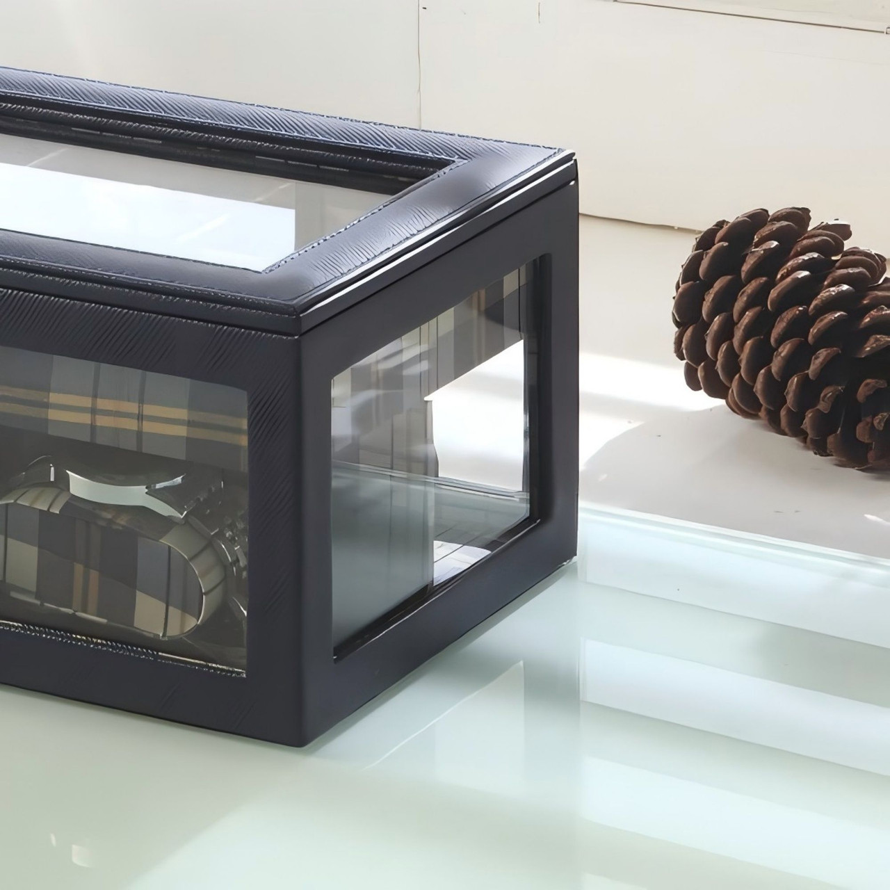 9.8" Long Tempered Glass and Leather Jewelry Case / Watch Display, Blue