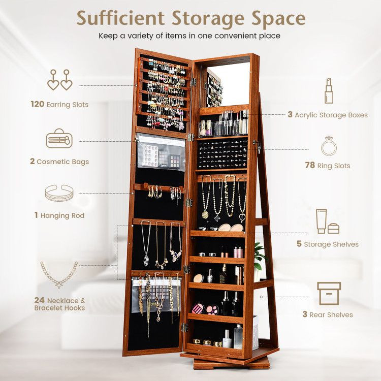 360° Rotatable 2-in-1 Lockable Jewelry Cabinet with Full-Length Mirror