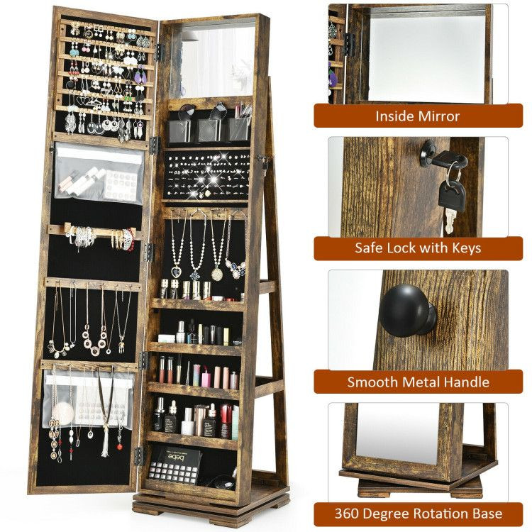 360° Rotatable 2-in-1 Lockable Jewelry Cabinet with Full-Length Mirror