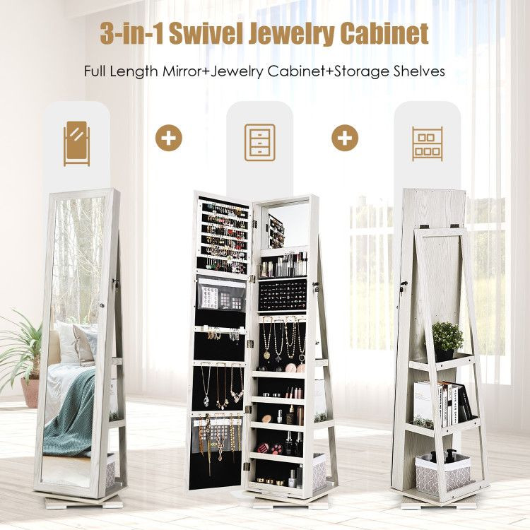 360° Rotatable 2-in-1 Lockable Jewelry Cabinet with Full-Length Mirror