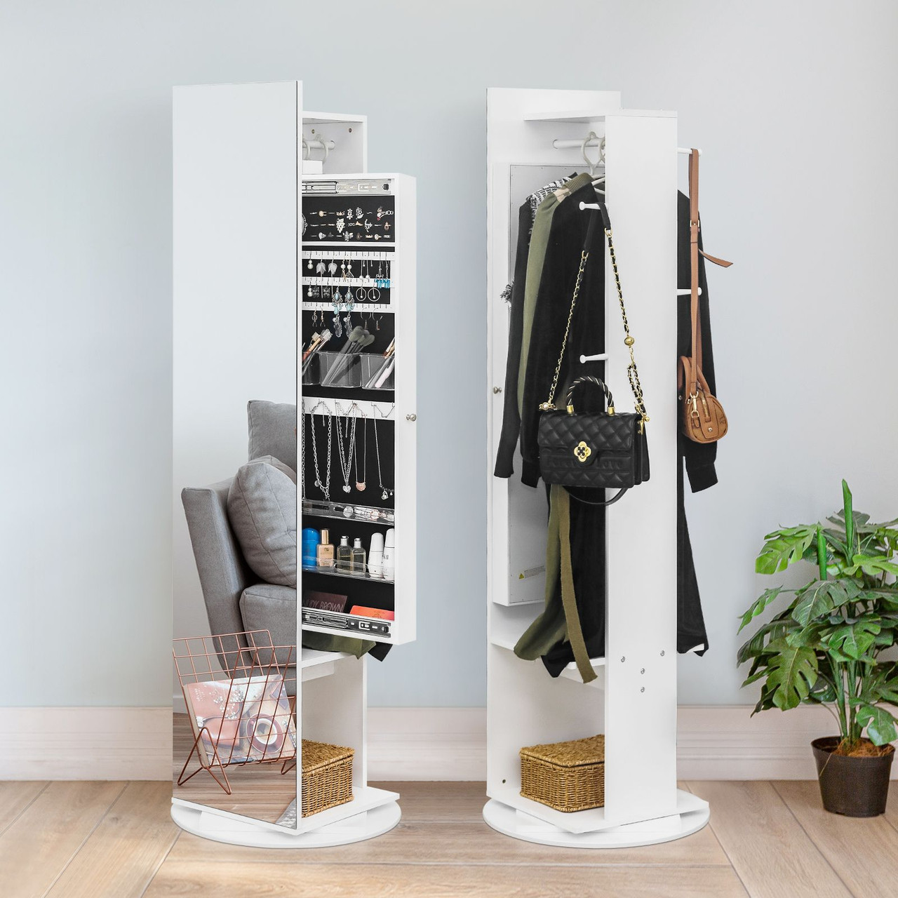 Jewelry Armoire with Full Length Mirror 360° and Large Capacity Jewelry Organizer Armoire, Mirror with Jewelry Storage, Coat Rack, Multi Storage Shelves