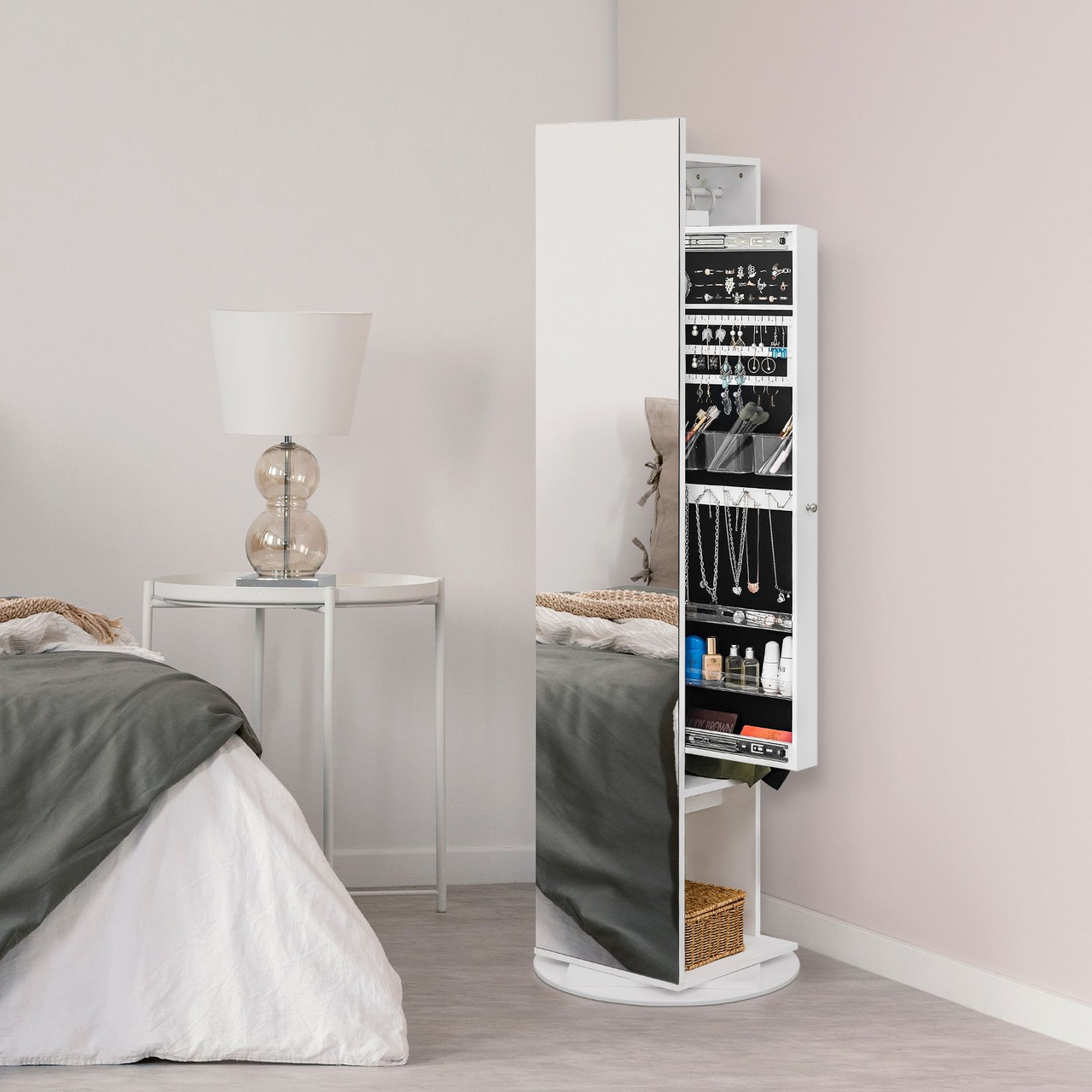 Jewelry Armoire with Full Length Mirror 360° and Large Capacity Jewelry Organizer Armoire, Mirror with Jewelry Storage, Coat Rack, Multi Storage Shelves