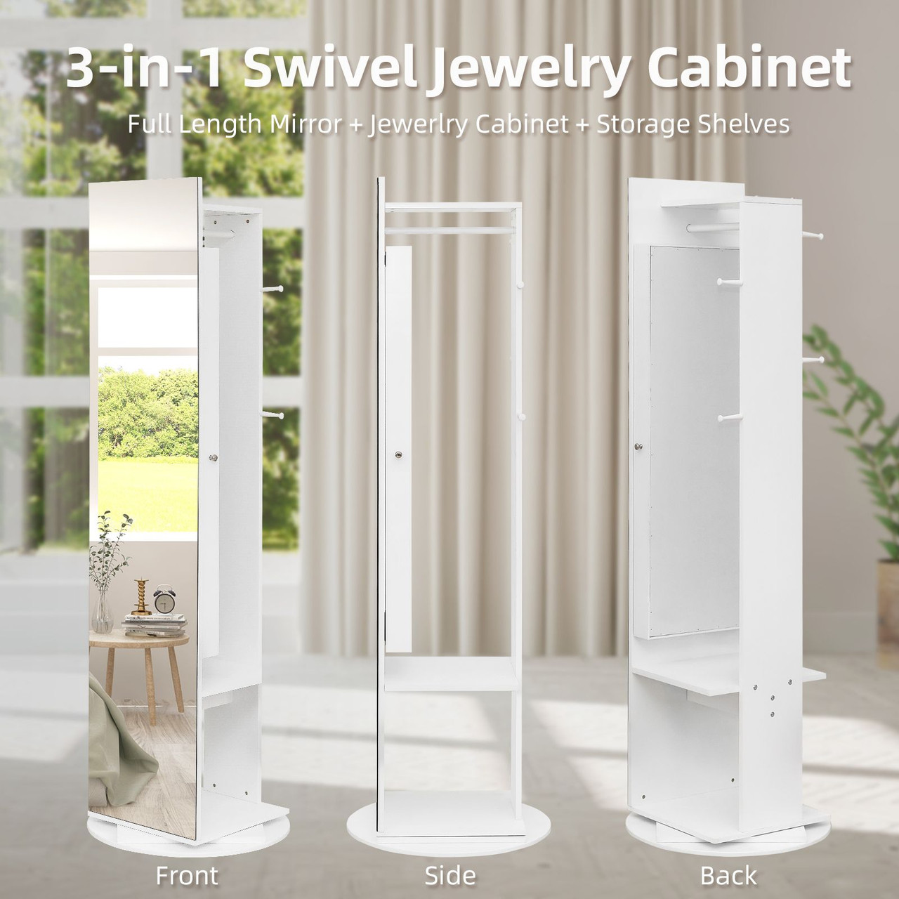 Jewelry Armoire with Full Length Mirror 360° and Large Capacity Jewelry Organizer Armoire, Mirror with Jewelry Storage, Coat Rack, Multi Storage Shelves