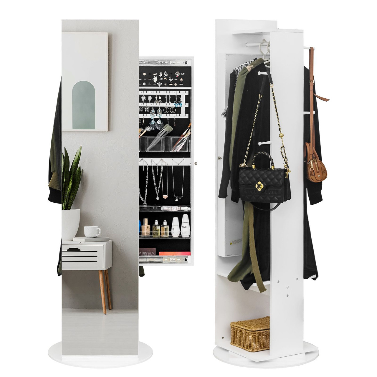 Jewelry Armoire with Full Length Mirror 360° and Large Capacity Jewelry Organizer Armoire, Mirror with Jewelry Storage, Coat Rack, Multi Storage Shelves
