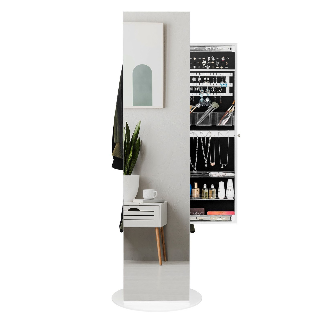 Jewelry Armoire with Full Length Mirror 360° and Large Capacity Jewelry Organizer Armoire, Mirror with Jewelry Storage, Coat Rack, Multi Storage Shelves
