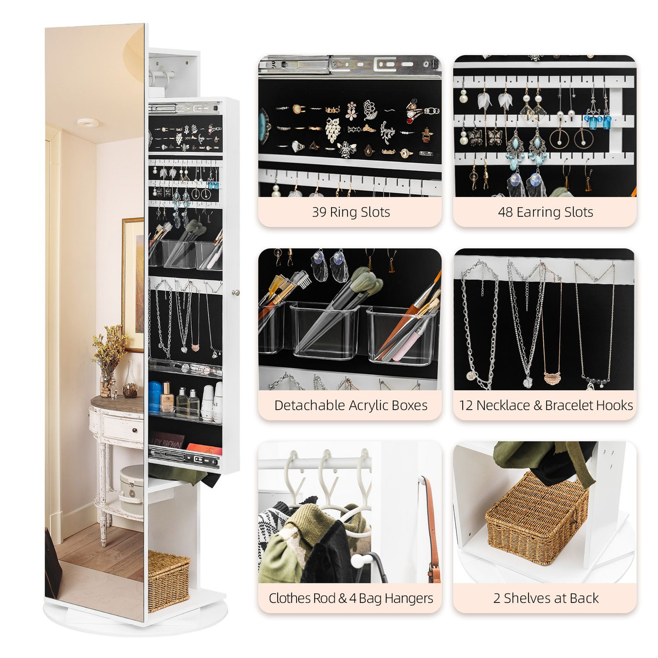 Jewelry Armoire with Full Length Mirror 360° and Large Capacity Jewelry Organizer Armoire, Mirror with Jewelry Storage, Coat Rack, Multi Storage Shelves