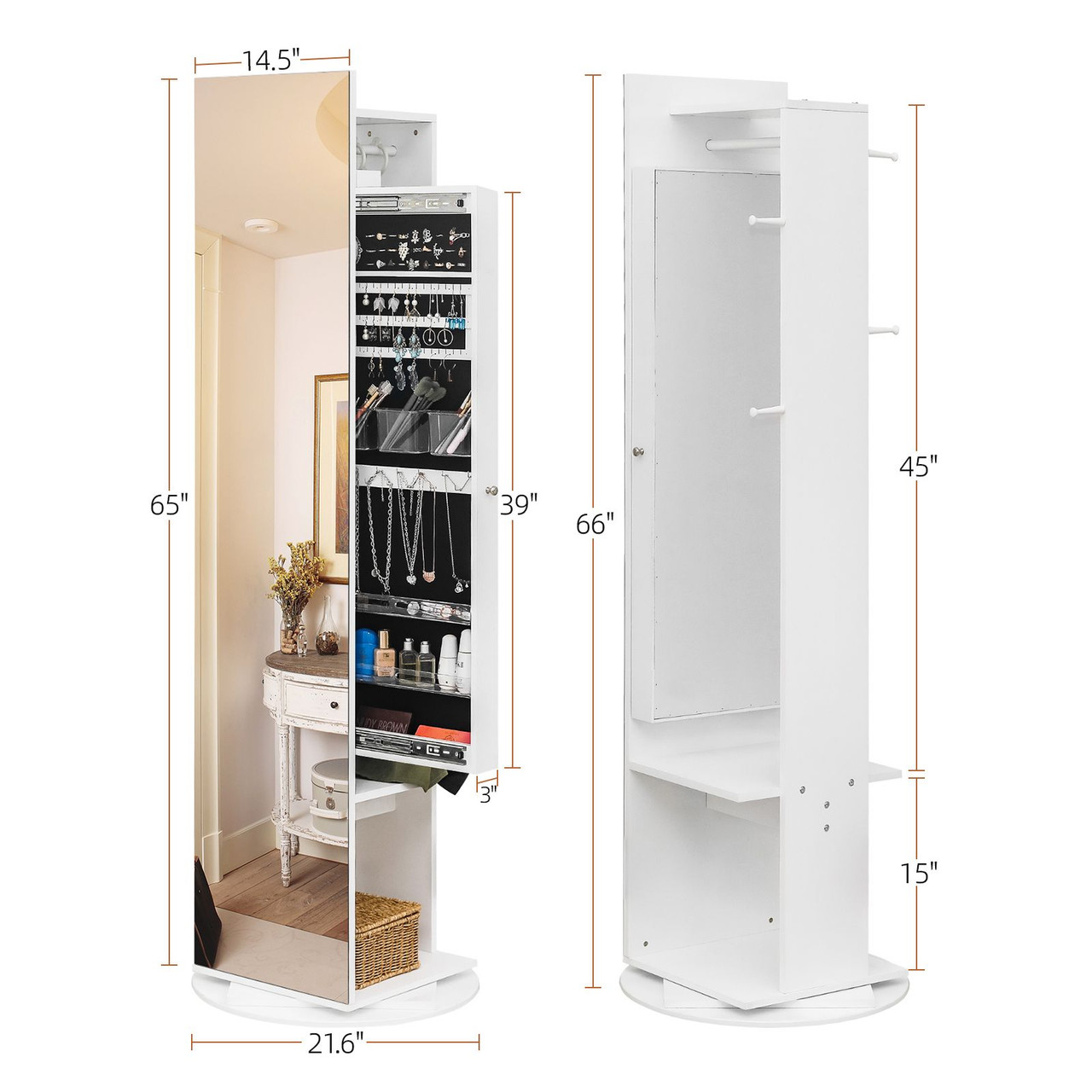 Jewelry Armoire with Full Length Mirror 360° and Large Capacity Jewelry Organizer Armoire, Mirror with Jewelry Storage, Coat Rack, Multi Storage Shelves