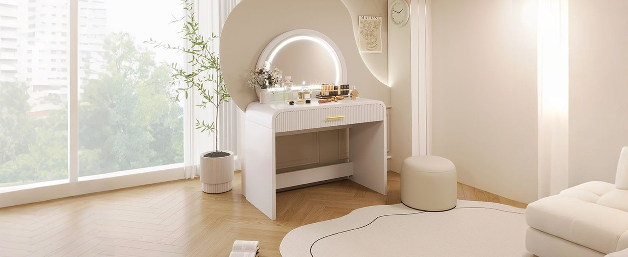 39" Makeup Vanity Table with Mirror Touch Screen Lighted Mirror, Dressing Table with Drawer for Bedroom, White
