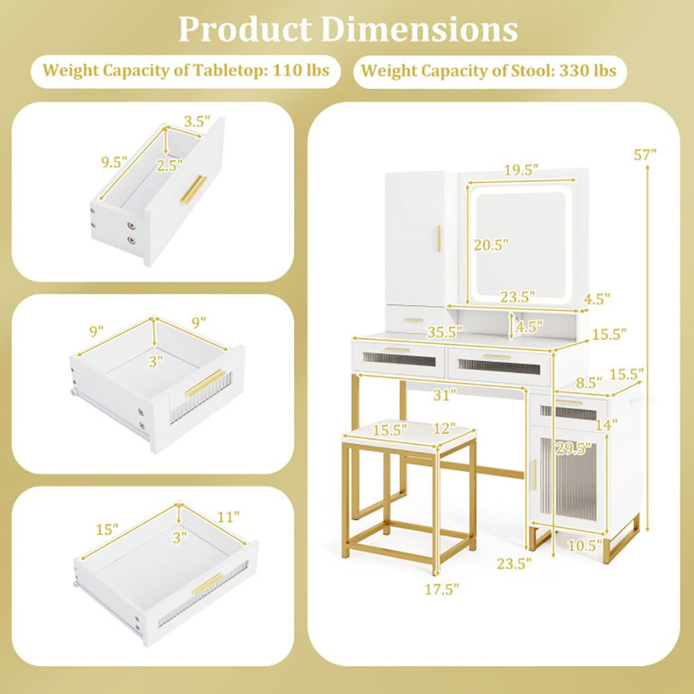 Makeup Vanity Desk Dressing Table and Stool Set with Lighted Mirror