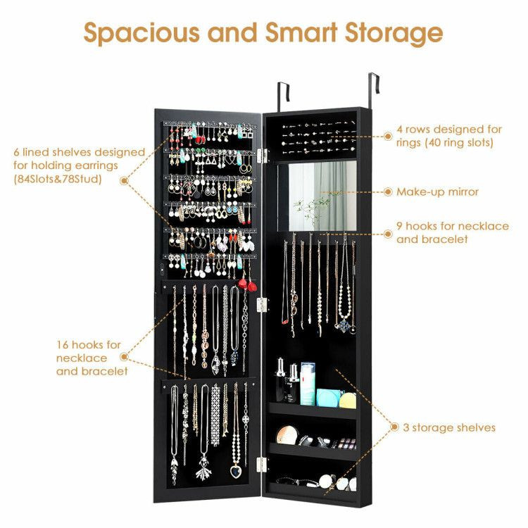 Full Length Mirror Jewelry Cabinet with Ring Slots and Necklace Hooks