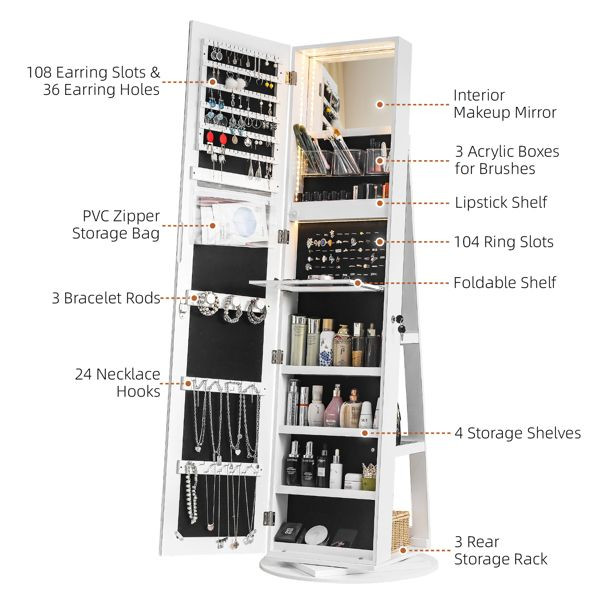 Jewelry Armoire with Full Length Mirror 360° and Large Capacity Jewelry Organizer Armoire; Lockable Mirror with Jewelry Storage; Multi Storage Shelves