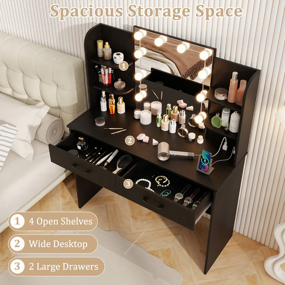 Vanity Set with Lighted Mirror and Stool with Power Outlet