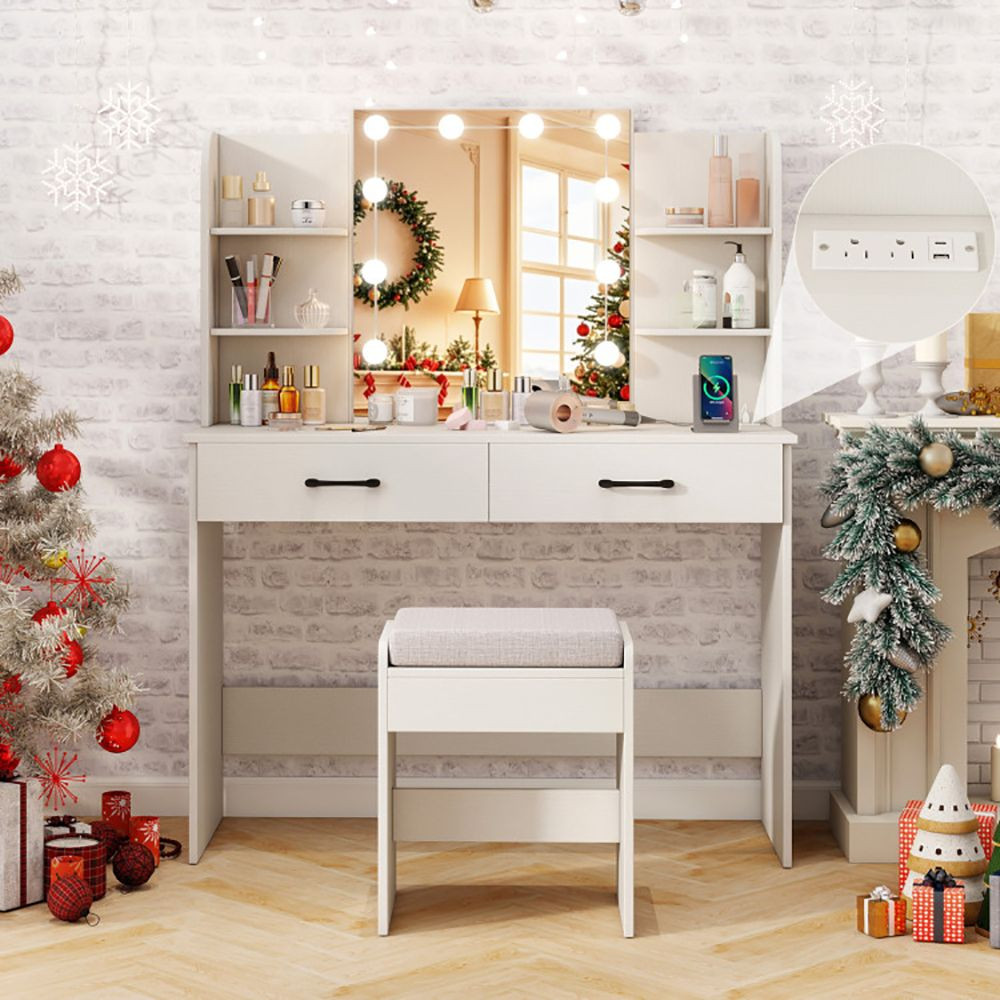 Vanity Set with Lighted Mirror and Stool with Power Outlet