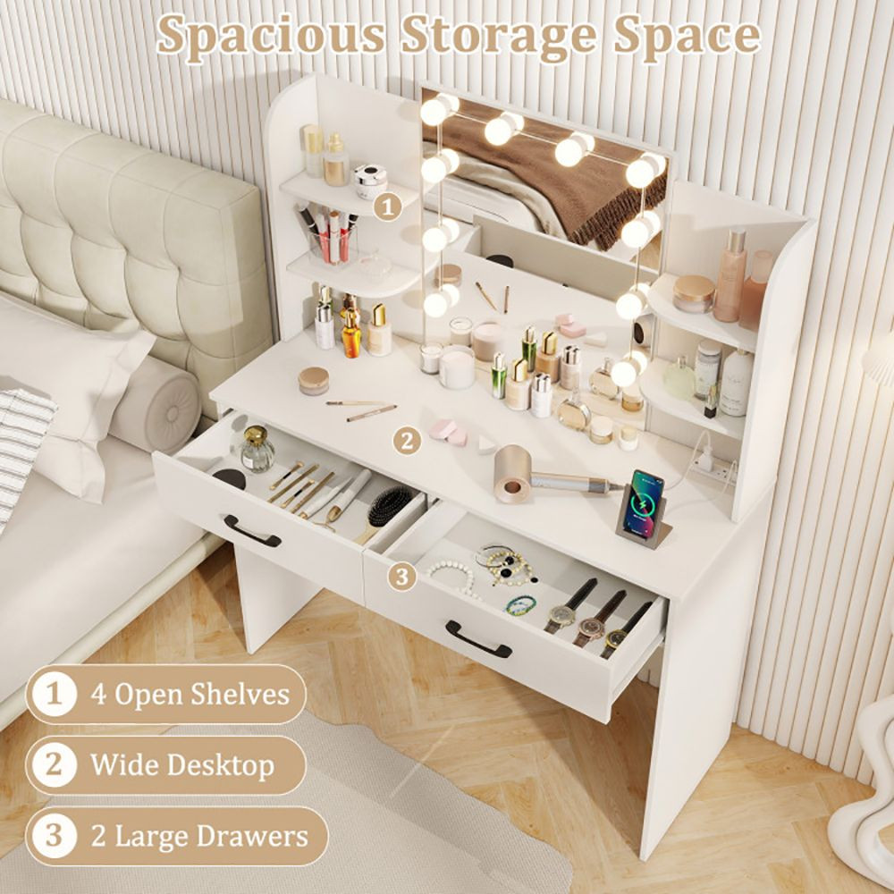 Vanity Set with Lighted Mirror and Stool with Power Outlet