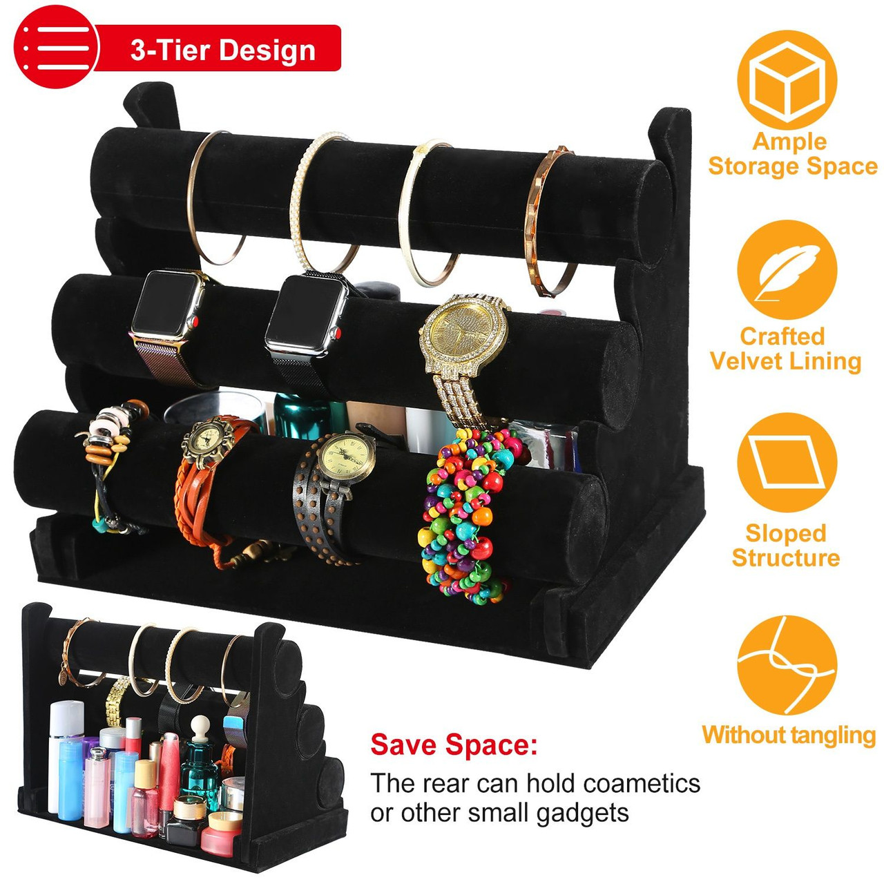 3-Tier Velvet Jewelry Stand Removable Bracelet Holder Watch Jewelry Bangle Display Rack