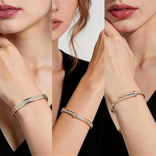 18K Gold Plated Bangles Bracelet Set for Women, 3 Pack Zinc Alloy with 3A Zircon Bangle, Dainty Vintage Trendy, Waterproof, Non Tarnish, Fashion Jewelry Accessories for Women, Ideal Gift, Party Favors
