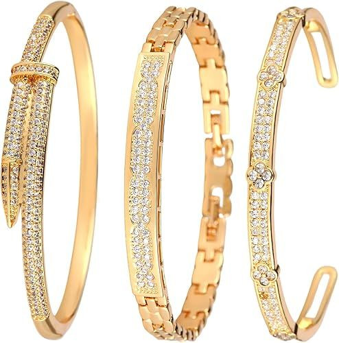 18K Gold Plated Bangles Bracelet Set for Women, 3 Pack Zinc Alloy with 3A Zircon Bangle, Dainty Vintage Trendy, Waterproof, Non Tarnish, Fashion Jewelry Accessories for Women, Ideal Gift, Party Favors