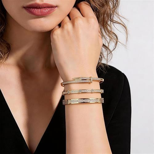 18K Gold Plated Bangles Bracelet Set for Women, 3 Pack Zinc Alloy with 3A Zircon Bangle, Dainty Vintage Trendy, Waterproof, Non Tarnish, Fashion Jewelry Accessories for Women, Ideal Gift, Party Favors