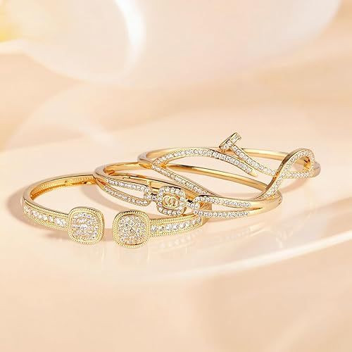 18K Gold Plated Bangles Bracelet Set for Women, 3 Pack Zinc Alloy with 3A Zircon Bangle, Dainty Vintage Trendy, Waterproof, Non Tarnish, Fashion Jewelry Accessories for Women, Ideal Gift, Party Favors