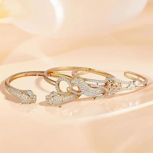 18K Gold Plated Bangles Bracelet Set for Women, 3 Pack Zinc Alloy with 3A Zircon Bangle, Dainty Vintage Trendy, Waterproof, Non Tarnish, Fashion Jewelry Accessories for Women, Ideal Gift, Party Favors