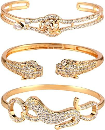18K Gold Plated Bangles Bracelet Set for Women, 3 Pack Zinc Alloy with 3A Zircon Bangle, Dainty Vintage Trendy, Waterproof, Non Tarnish, Fashion Jewelry Accessories for Women, Ideal Gift, Party Favors