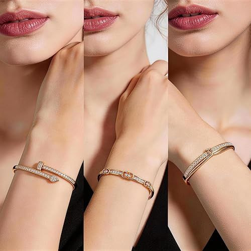 18K Gold Plated Bangles Bracelet Set for Women, 3 Pack Zinc Alloy with 3A Zircon Bangle, Dainty Vintage Trendy, Waterproof, Non Tarnish, Fashion Jewelry Accessories for Women, Ideal Gift, Party Favors