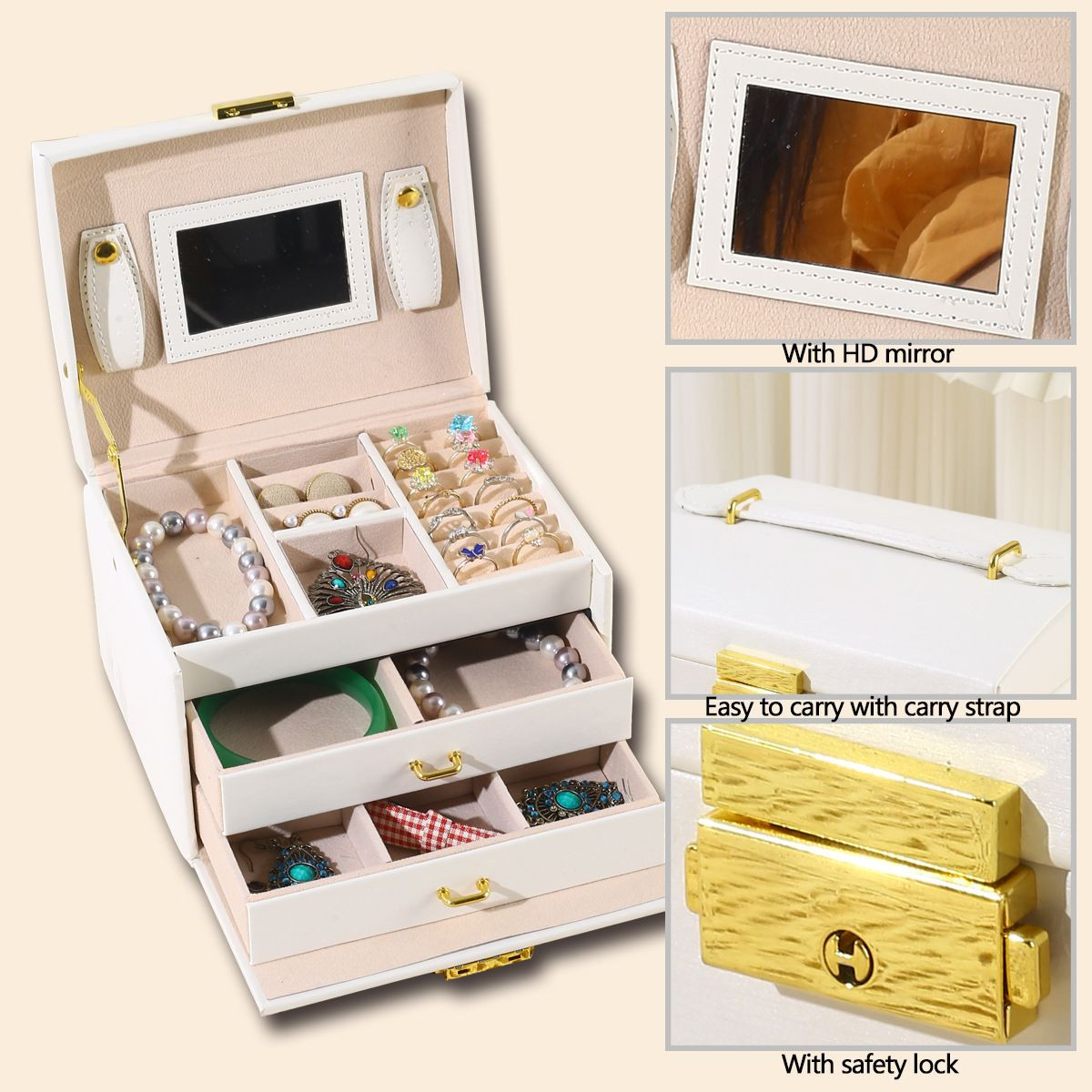 Multi-compartment Jewelry Storage Box with Mirror, Waterproof, Lockable & Portable Handheld Jewelry Case, Gift for Women