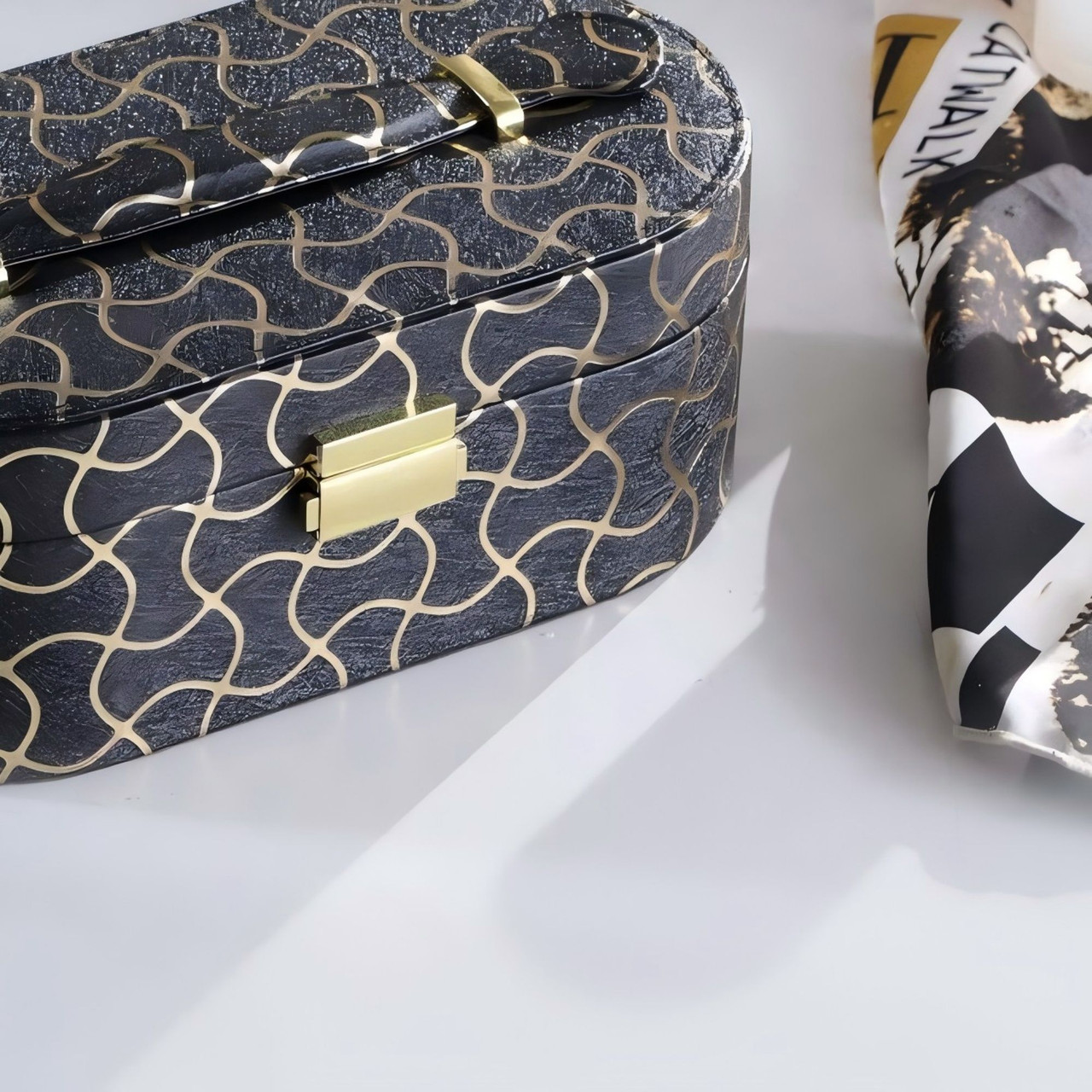 9.5" Long Leather Jewelry Organizer Case with Mirror, Gold Swirl Pattern, Black