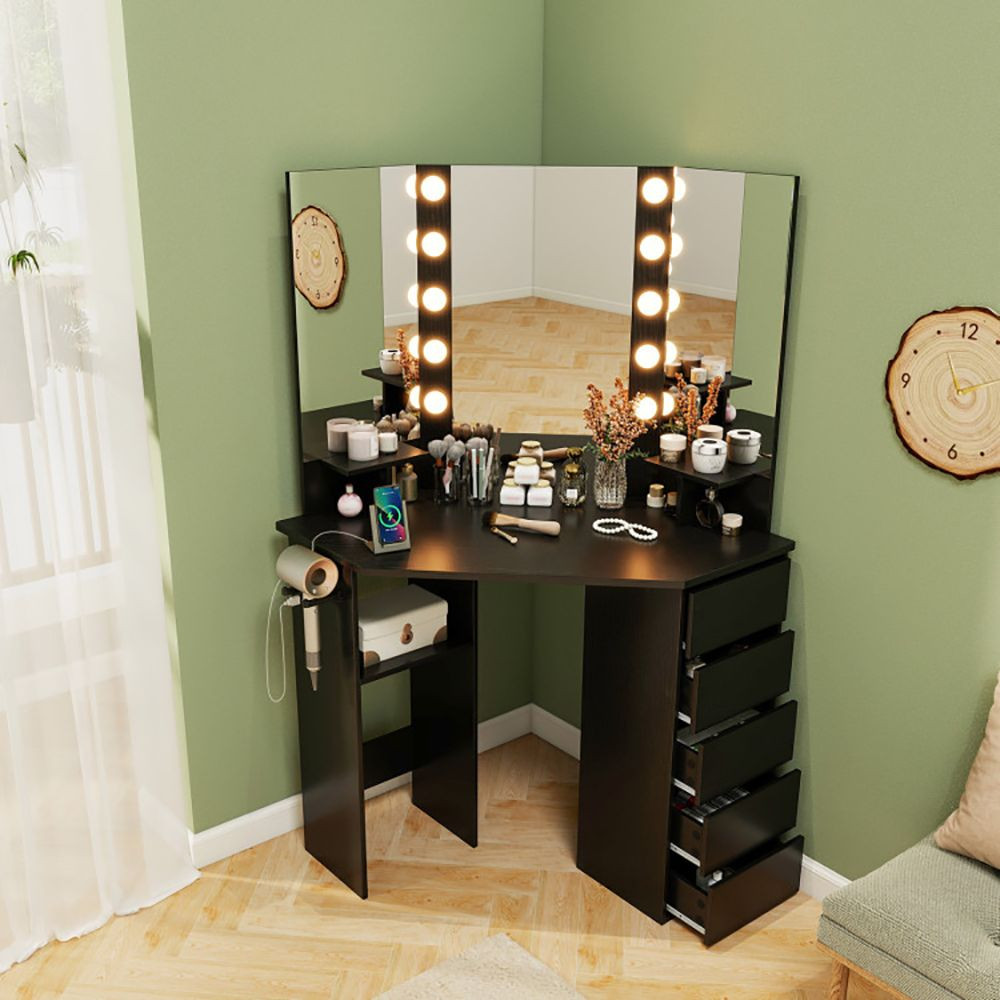 Corner Vanity Desk with 3-Color LED Lighted Mirror and Power Outlet